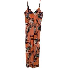 Red‎ Leaf Spilt Leg Jumpsuit Spaghetti Strap Coral with Multi Colored Design Sz